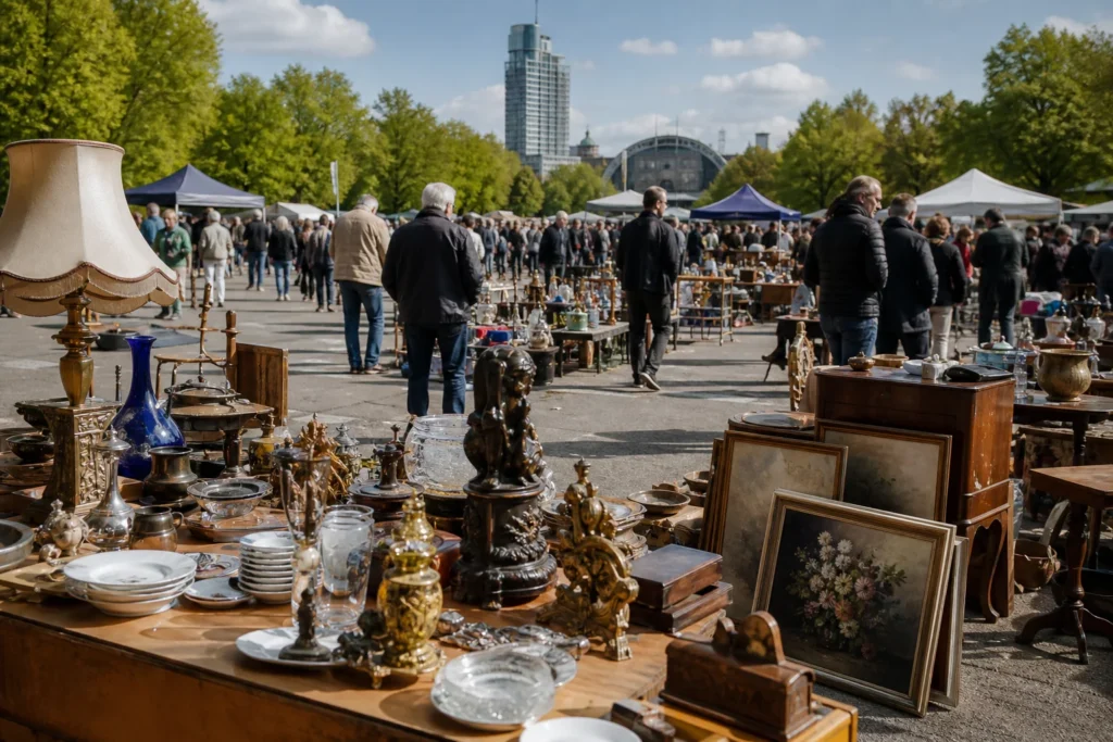 shoppers browsing antique and vintage market stalls at Flohmarkt auf der Bremer Bürgerweide in Germany