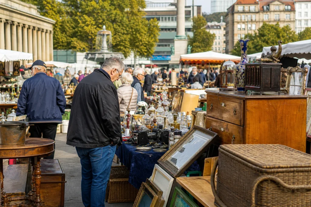 shoppers browsing antique and vintage market stalls at Flohmarkt Karlsplatz in Germany