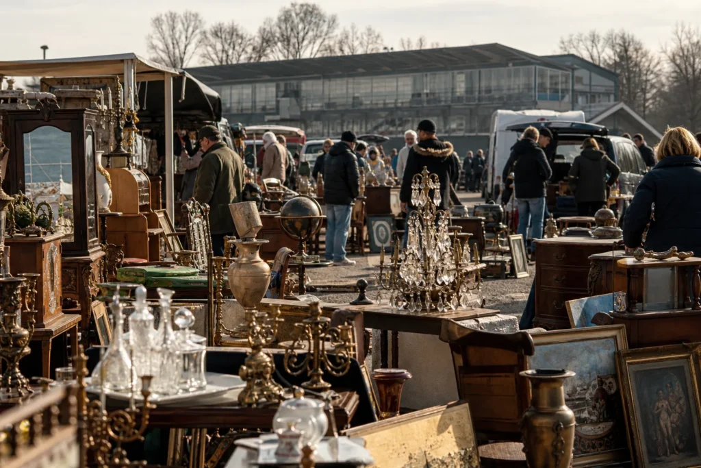 shoppers browsing antique and vintage market stalls at Flohmarkt München Daglfing in Germany