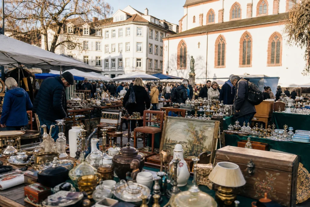 shoppers browsing antique and vintage market stalls at Flohmarkt Petersplatz in Switzerland