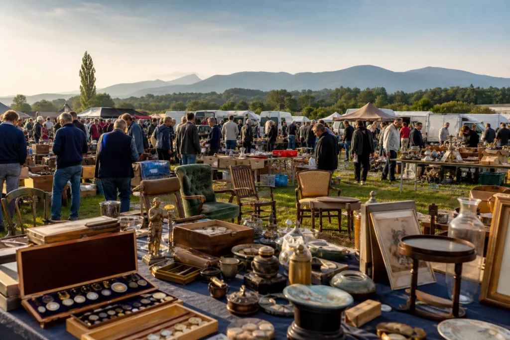 shoppers browsing antique and vintage market stalls at Flohmarkt Viktring in Austria