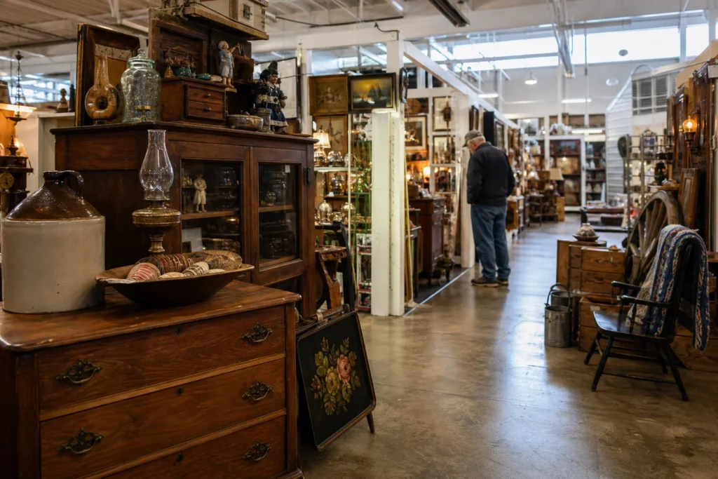 shoppers browsing antique and vintage market stalls at Florence Antique Mall in Kentucky