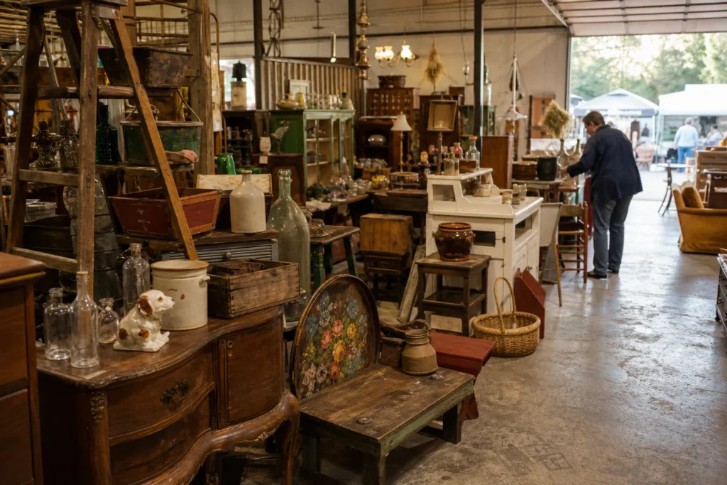 shoppers browsing antique and vintage market stalls at Flowood Antique Flea Market in Mississippi