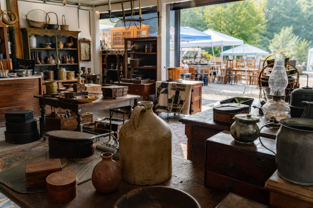shoppers browsing antique and vintage market stalls at Flying Pig Antiques in New Hampshire