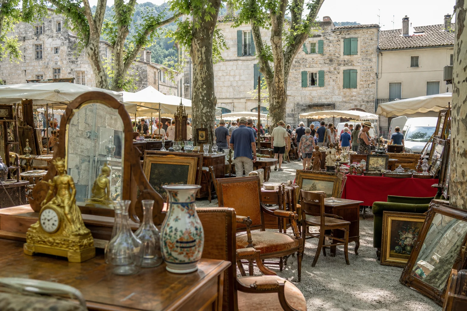 shoppers browsing antique and vintage market stalls at Foire aux Antiquités et à la Brocante de Barjac in France