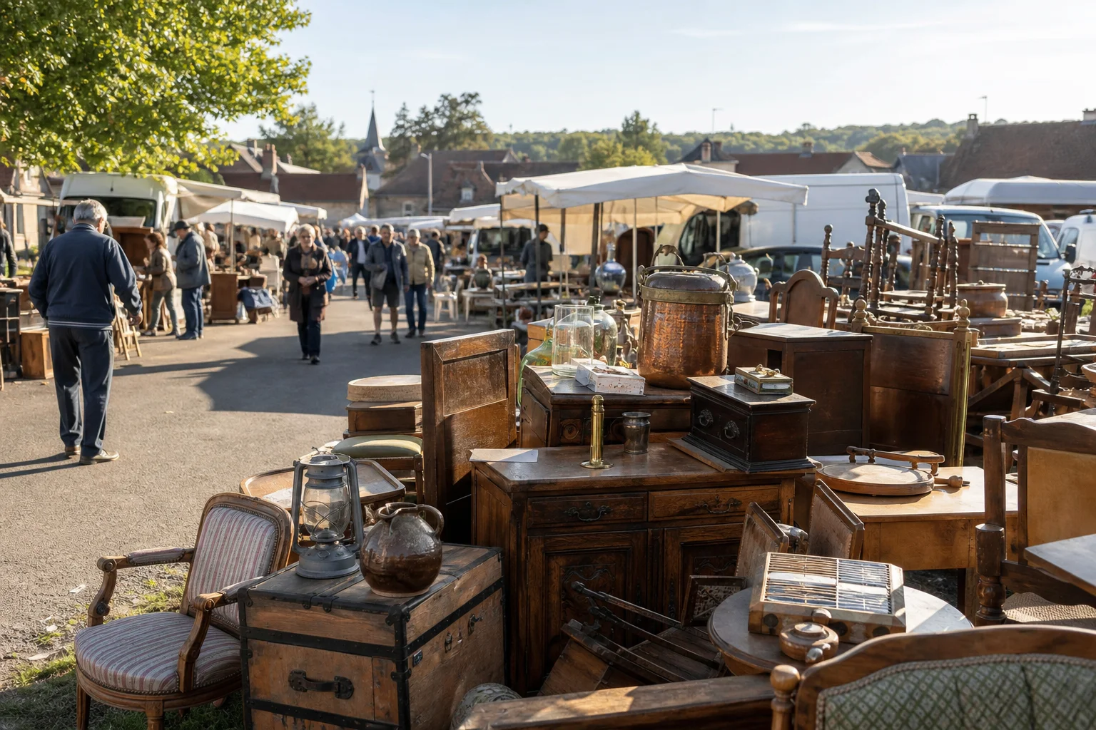 shoppers browsing antique and vintage market stalls at Foire aux puces d’Aillant-sur-Tholon in France