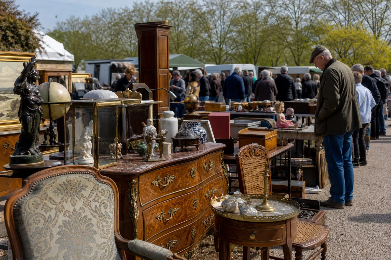 shoppers browsing antique and vintage market stalls at Foire aux Puces de Crèvecœur-le-Grand in France