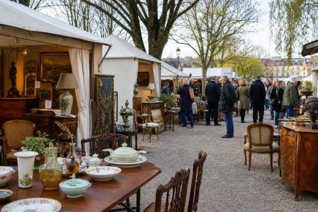 shoppers browsing antique and vintage market stalls at Foire de Chatou in France