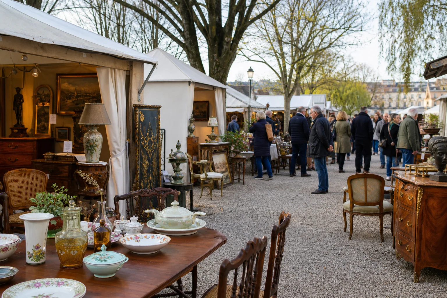 shoppers browsing antique and vintage market stalls at Foire de Chatou in France
