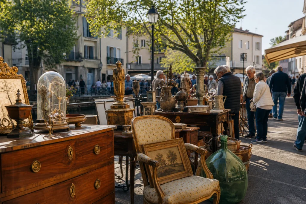 shoppers browsing antique and vintage market stalls at Foire de l’Isle sur la Sorgue in Provence