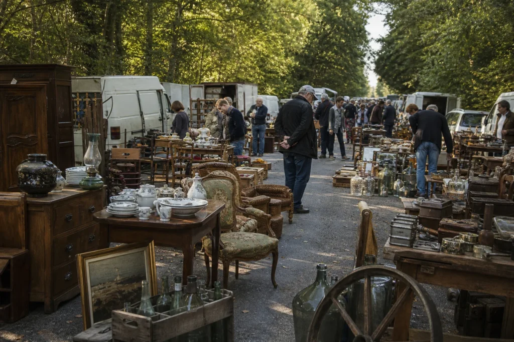 shoppers browsing antique and vintage market stalls at Foire Des Andaines in France