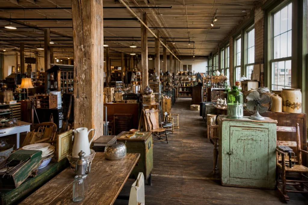 shoppers browsing antique and vintage market stalls at Fort Payne’s Antique District in Alabama
