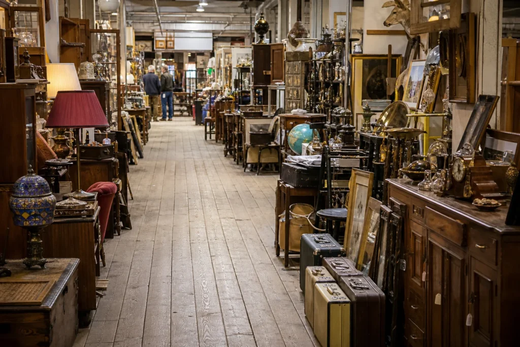 shoppers browsing antique and vintage market stalls at Fox River Antique Mall in Wisconsin
