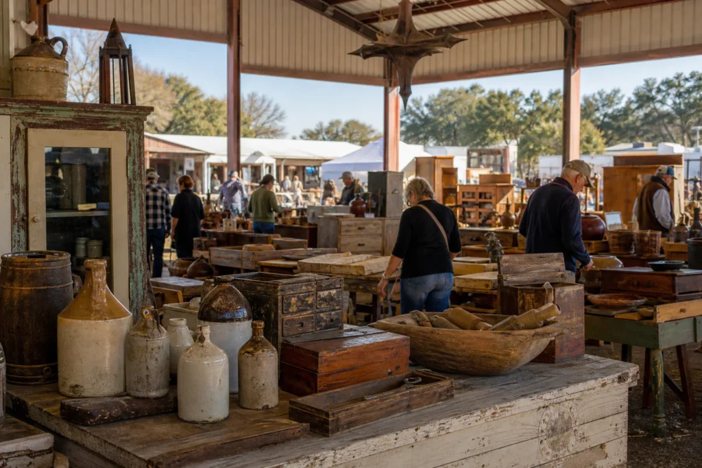 shoppers browsing antique and vintage market stalls at Fredericksburg Trade Days in Texas