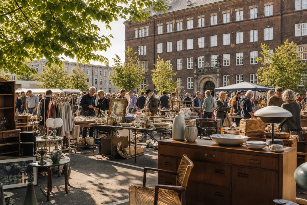 shoppers browsing antique and vintage market stalls at Frederiksberg Loppetorv in Copenhagen