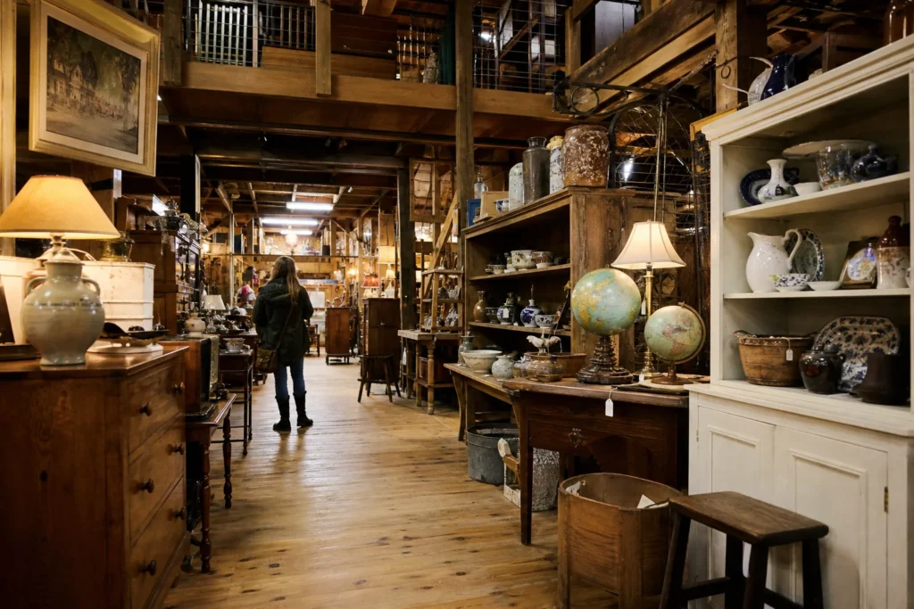 shoppers browsing antique and vintage market stalls at Freeport Emporium in Maine