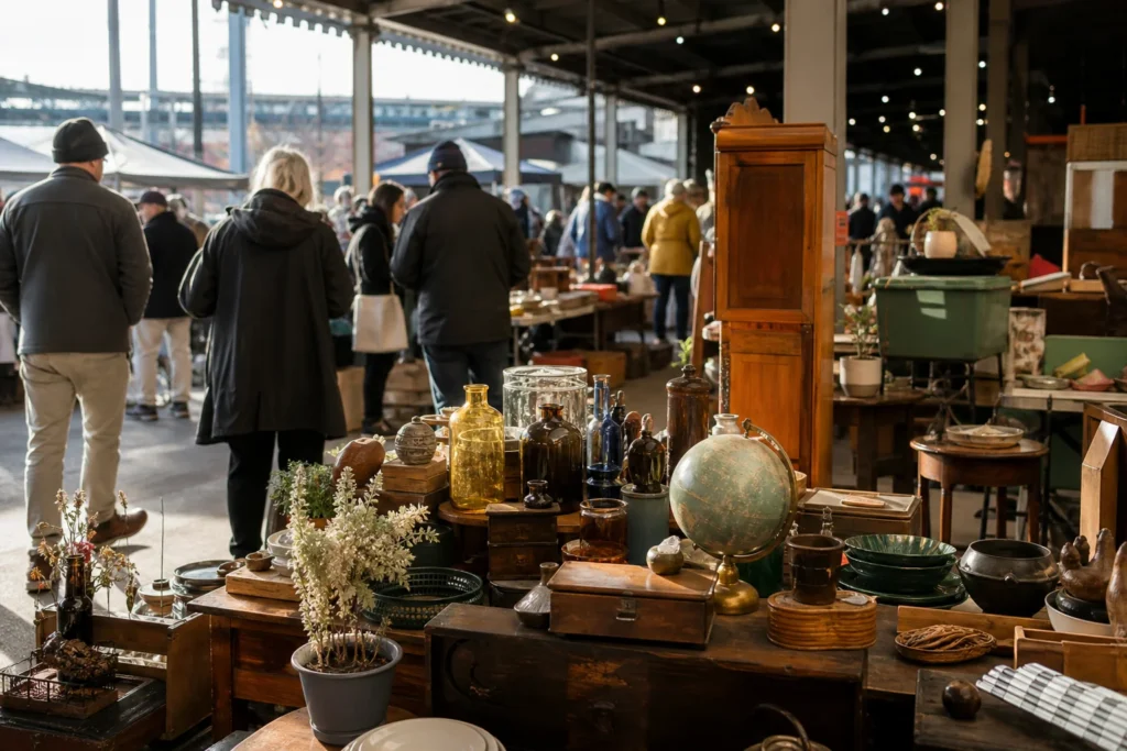 shoppers browsing antique and vintage market stalls at Fremont Sunday Market in Washington