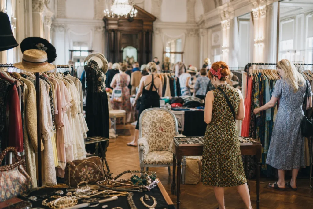 shoppers browsing antique and vintage market stalls at Frock Me! Vintage Fashion Fair in London