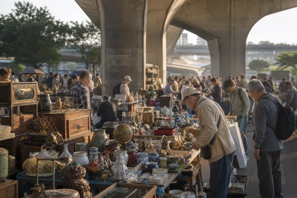 shoppers browsing antique and vintage market stalls at Fuhe Bridge Flea Market in Taiwan