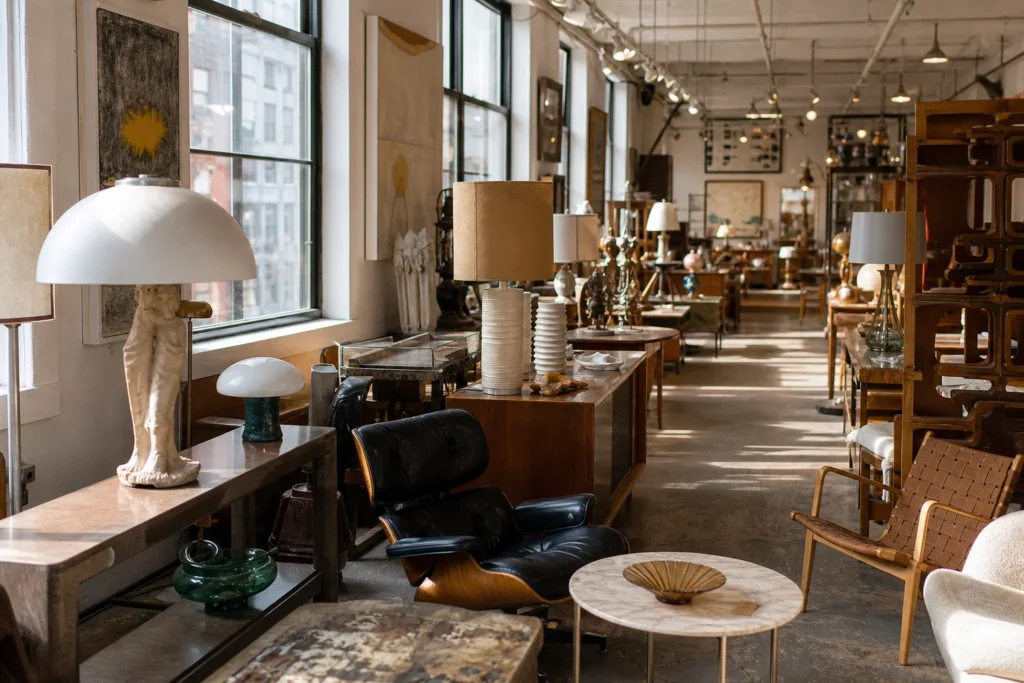shoppers browsing antique and vintage market stalls at Furnish Green in New York City
