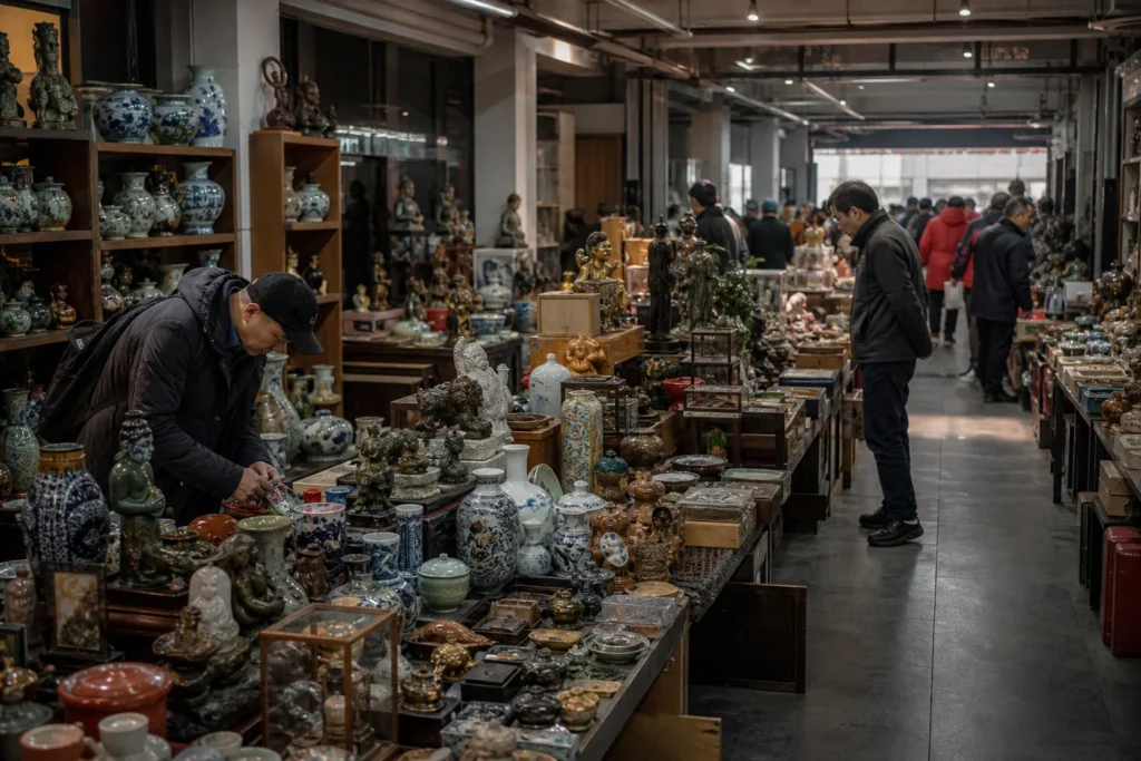 shoppers browsing antique and vintage market stalls at Fuyou Antiques Market in China
