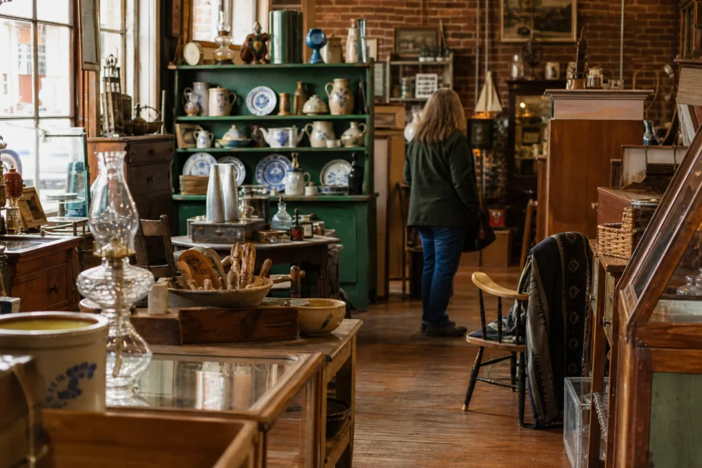 shoppers browsing antique and vintage market stalls at Galena’s Antique District in Illinois