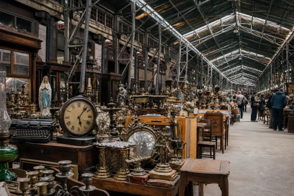 shoppers browsing antique and vintage market stalls at Galpón De Los Reyes in Chile