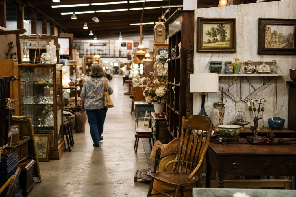 shoppers browsing antique and vintage market stalls at Gardendale Flea Mall in Alabama