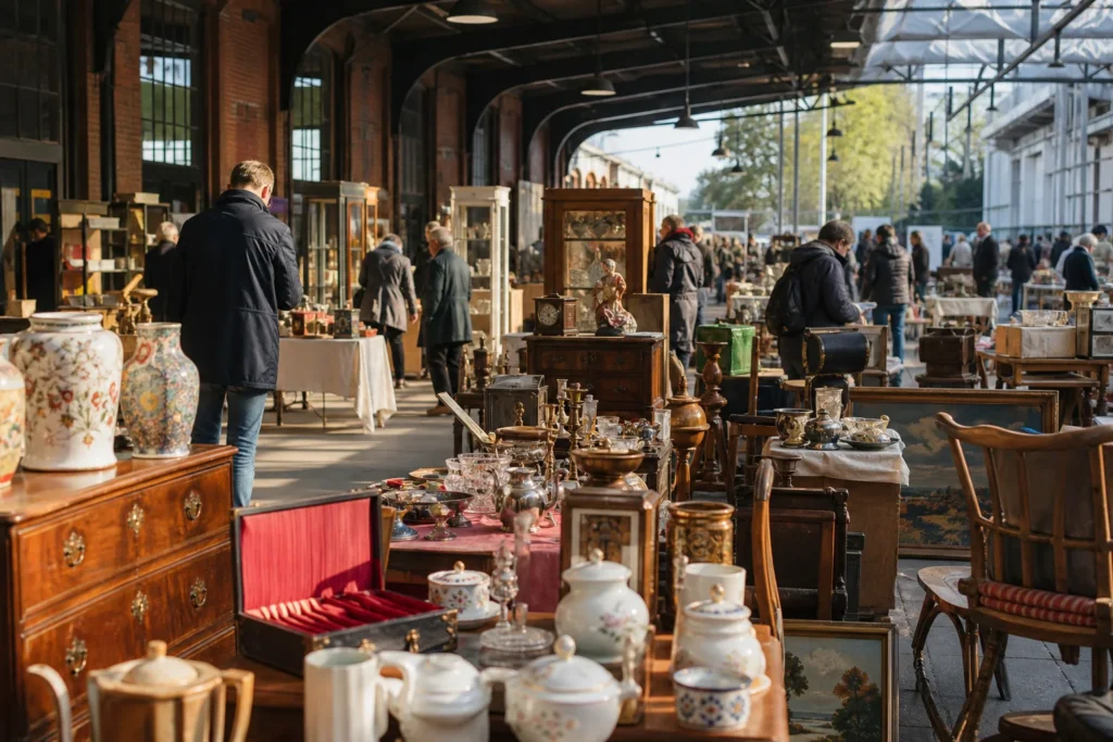shoppers browsing antique and vintage market stalls at Gare du Neuss Flohmarkt in Germany