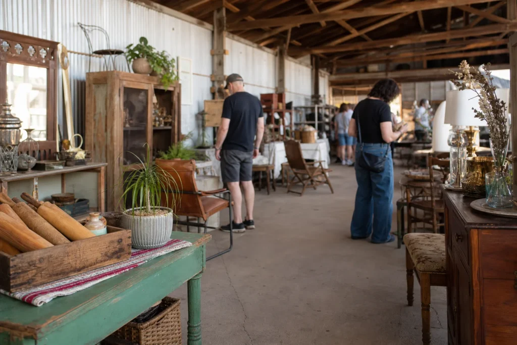 shoppers browsing antique and vintage market stalls at Gather A Vintage Market in Arizona