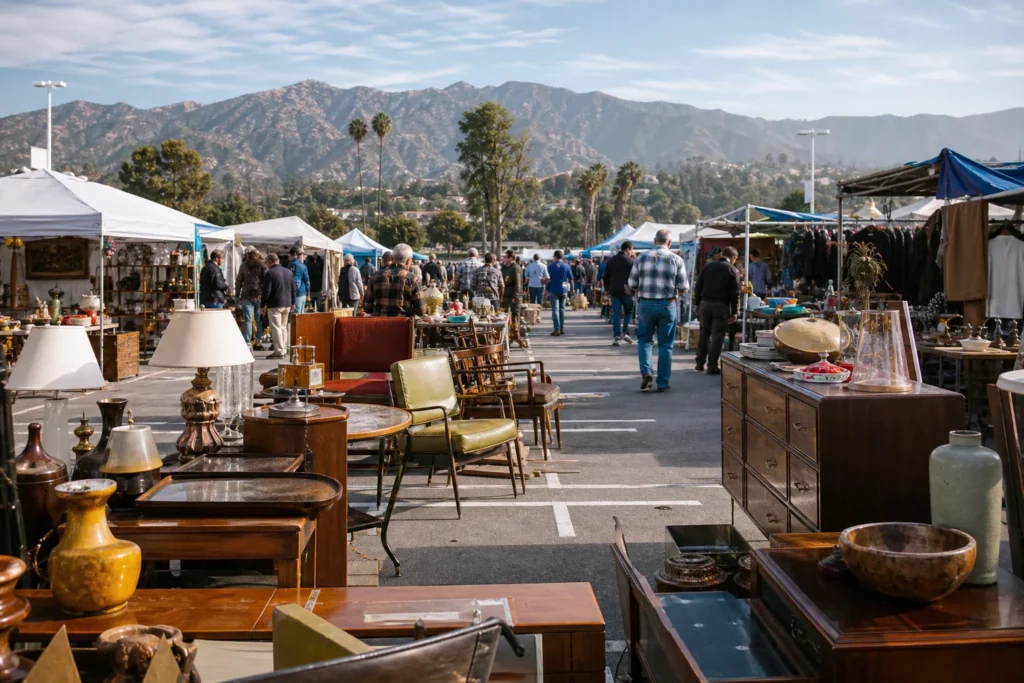 shoppers browsing antique and vintage market stalls at GCC Swap Meet in California