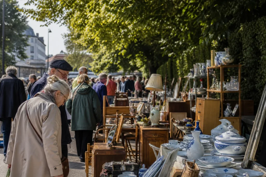 shoppers browsing antique and vintage market stalls at Gentofte Loppemarked in Copenhagen