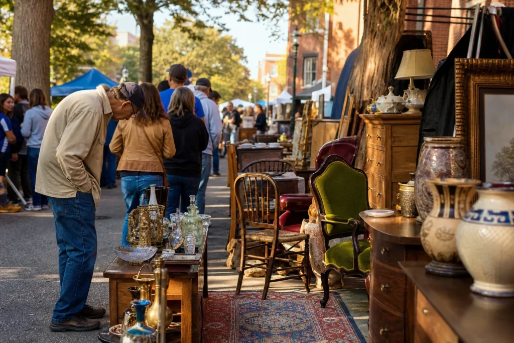 shoppers browsing antique and vintage market stalls at Georgetown Flea Market in Washington, D.C.