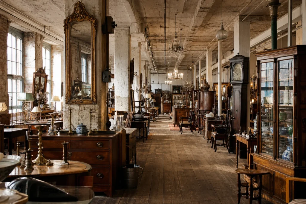 shoppers browsing antique and vintage market stalls at Georgian Antiques in United Kingdom