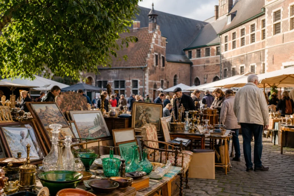 shoppers browsing antique and vintage market stalls at Ghent Prinsenhofrommelmarkt in Belgium