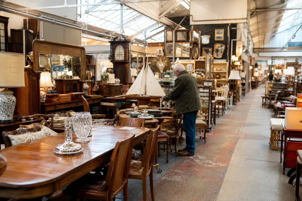 shoppers browsing antique and vintage market stalls at Glasgow City Antiques in United Kingdom