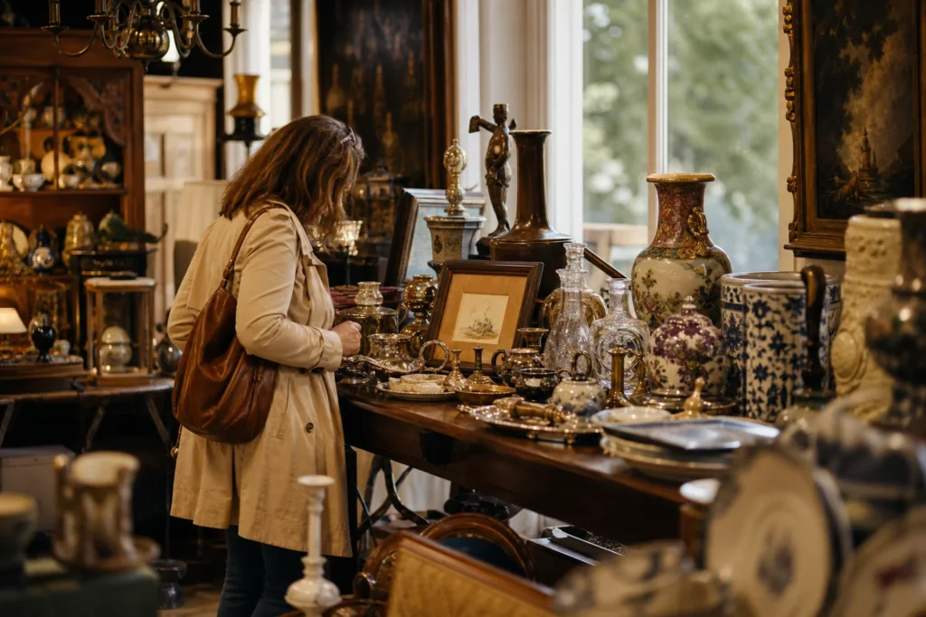shoppers browsing antique and vintage market stalls at GoAntiques