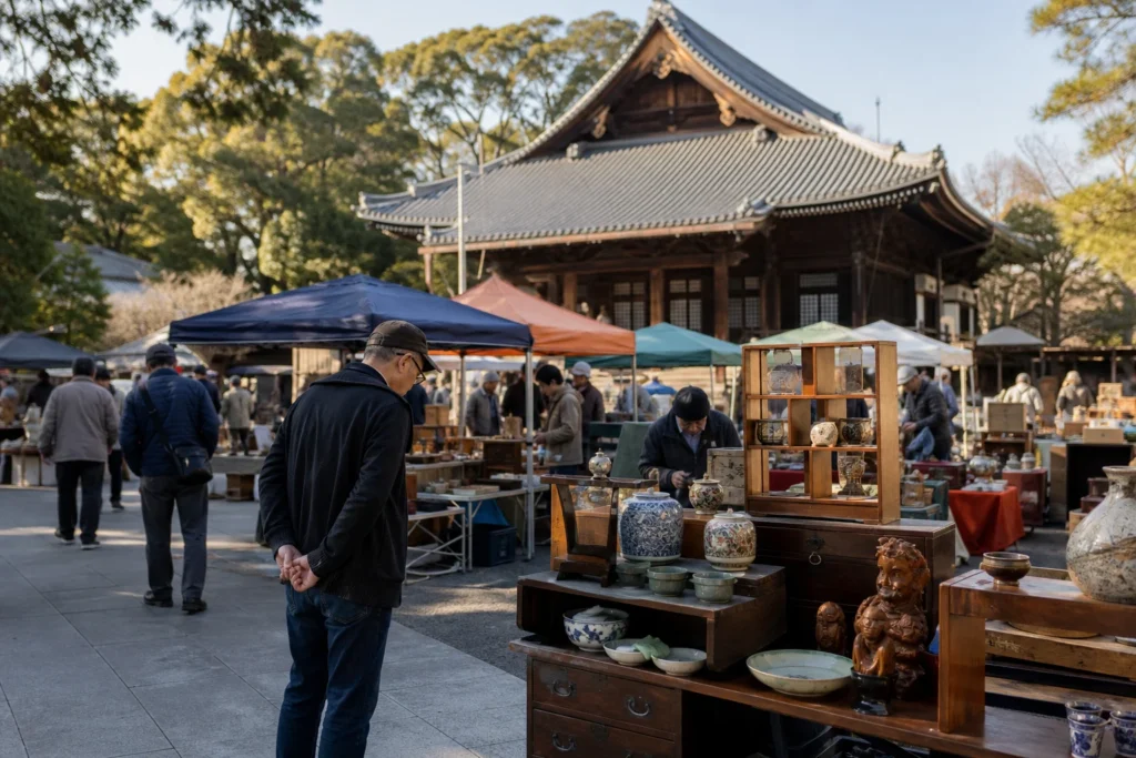 shoppers browsing antique and vintage market stalls at Gokoku-Ji Temple – 護国寺骨董市 in Japan, Tokyo