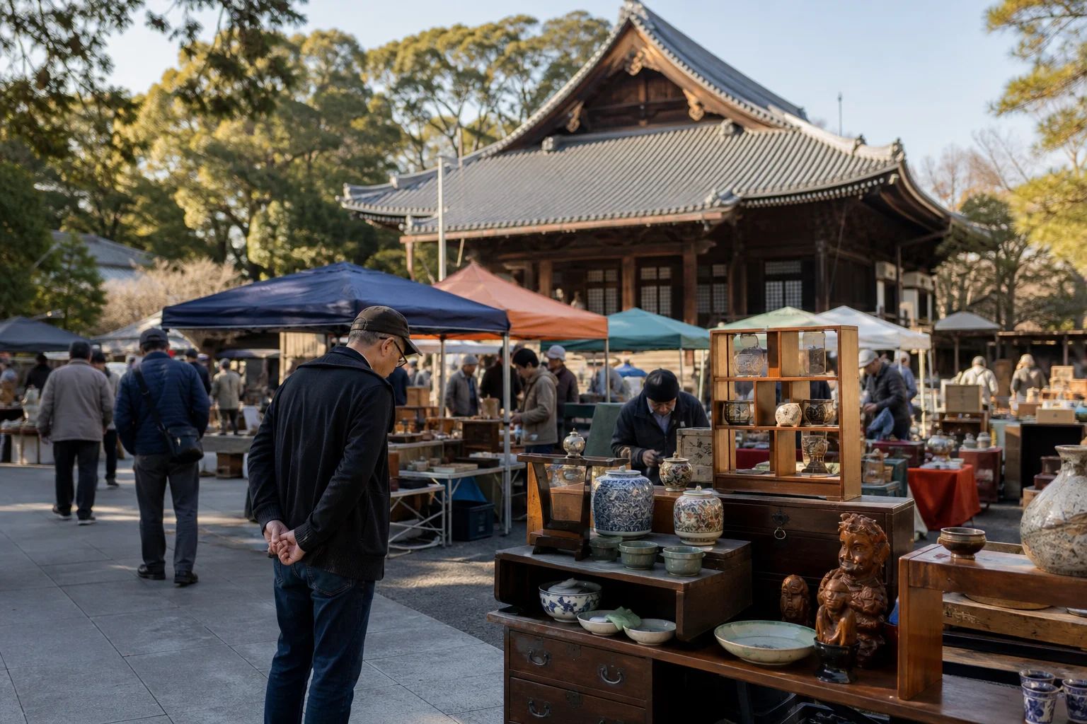 shoppers browsing antique and vintage market stalls at Gokoku-Ji Temple – 護国寺骨董市 in Japan, Tokyo