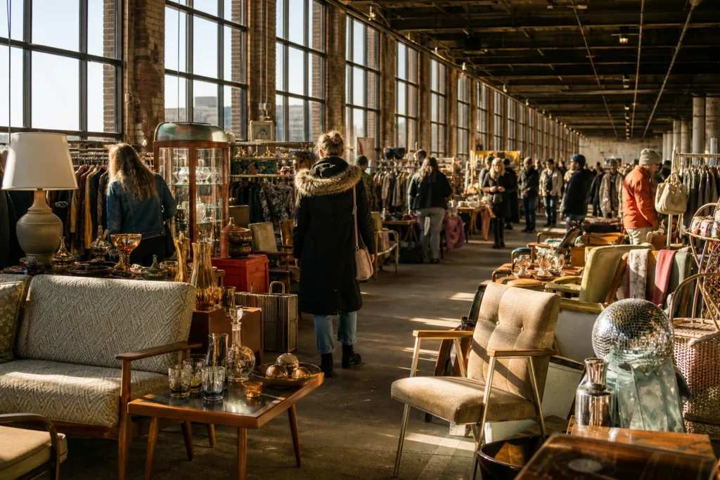 shoppers browsing antique and vintage market stalls at Good JuJu in Kansas City, Missouri