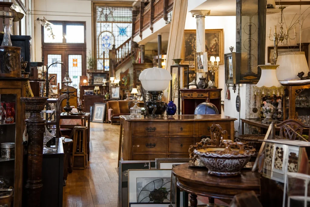 shoppers browsing antique and vintage market stalls at Good Old Days Inc in Chicago, Illinois