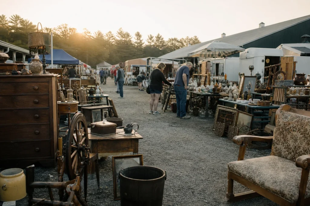 shoppers browsing antique and vintage market stalls at Grafton Flea Market in Massachusetts