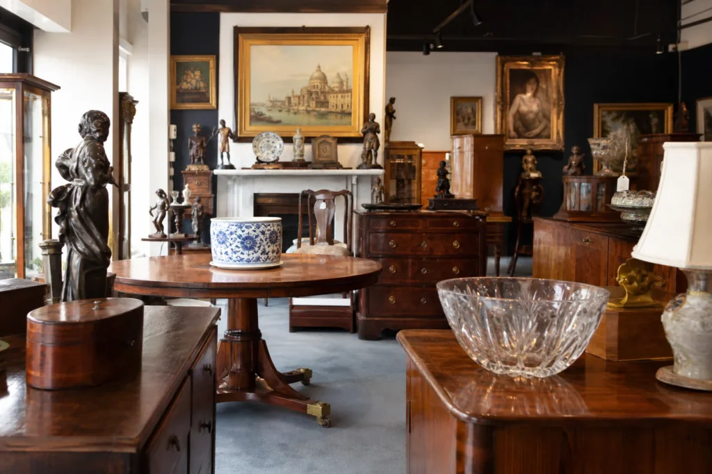 shoppers browsing antique and vintage market stalls at Graham Geddes Antiques in Melbourne, Victoria