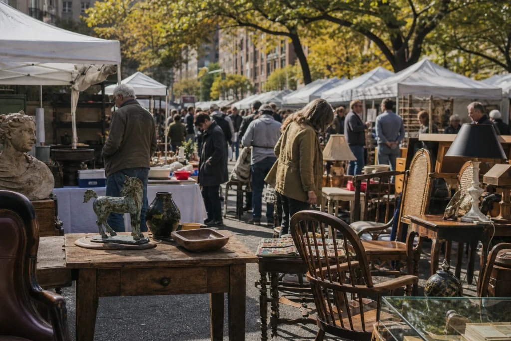 shoppers browsing antique and vintage market stalls at Grand Bazaar NYC in New York City, New York State