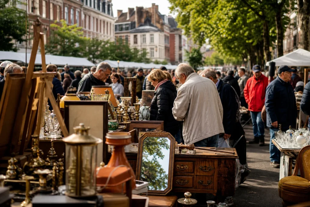 shoppers browsing antique and vintage market stalls at Grande Braderie de Lille in France