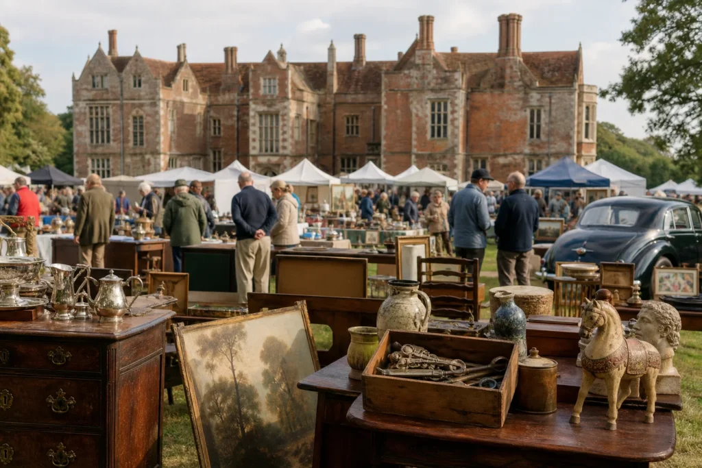 shoppers browsing antique and vintage market stalls at Grande Brocante at Glemham Hall in United Kingdom