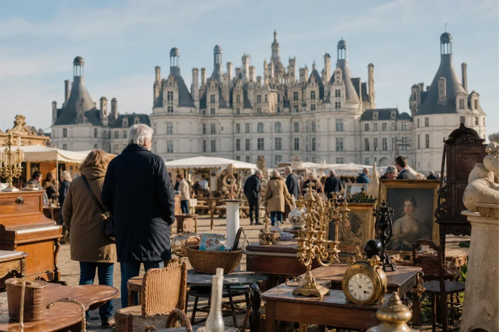shoppers browsing antique and vintage market stalls at Grande Brocante de Chambord in France