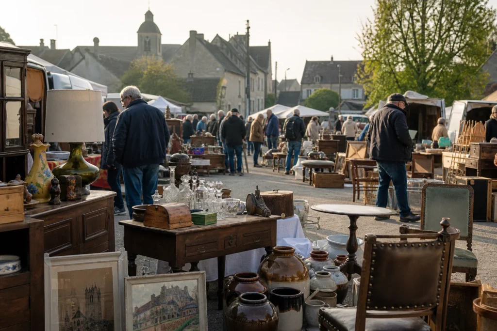 shoppers browsing antique and vintage market stalls at Grande Brocante de Le Plessis-Brion in France