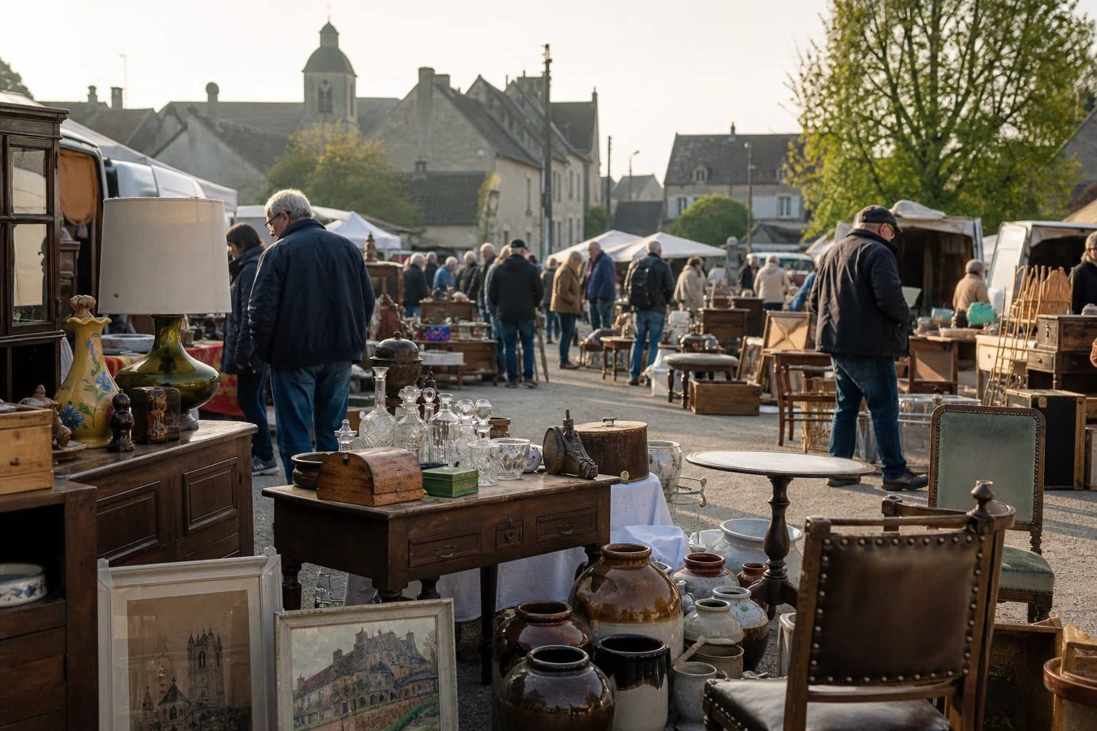 shoppers browsing antique and vintage market stalls at Grande Brocante de Le Plessis-Brion in France