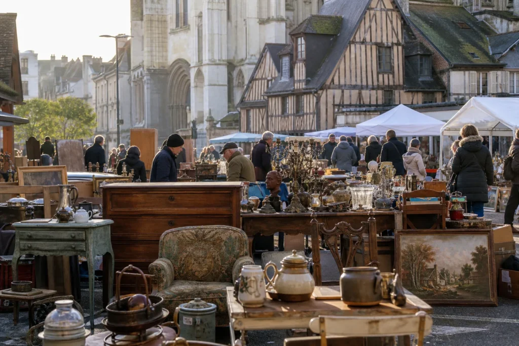 shoppers browsing antique and vintage market stalls at Grande Brocante de Lisieux in France